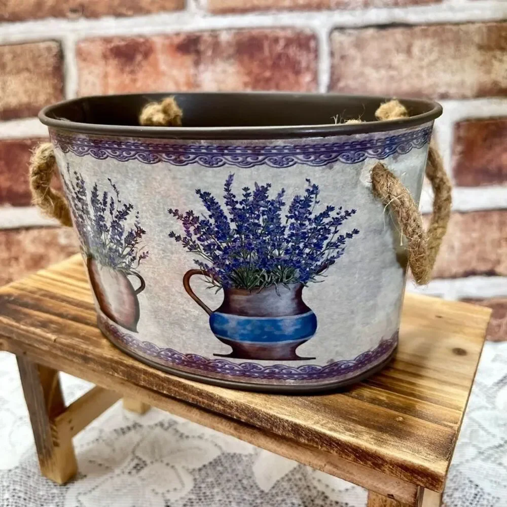 Rustic French Country Style Oval Metal Bucket Planter Lavender Floral & Rope Han